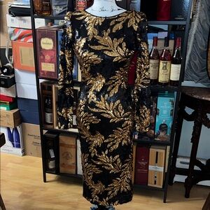 Dress the Population Black and Gold Leaf Sequin Long Sleeve Dress